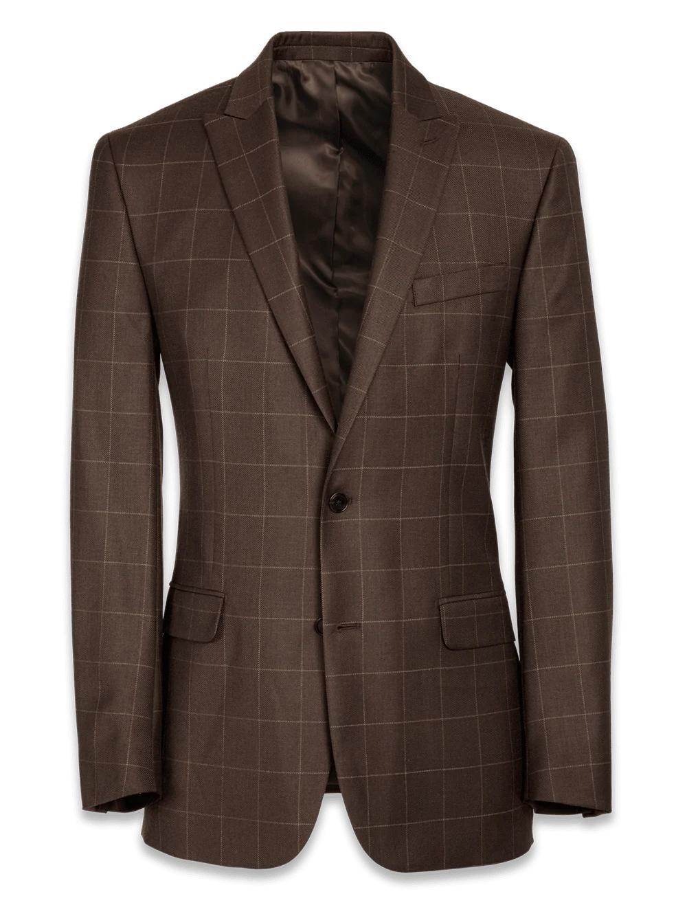 Classic Fit Essential Wool Peak Lapel Side Vents Suit Jacket - Brown Windowpane