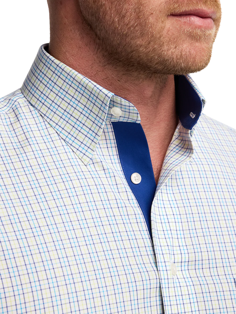 Comfort Stretch Non-Iron Check Dress Shirt With Contrast Trim - Blue/green - Image 3