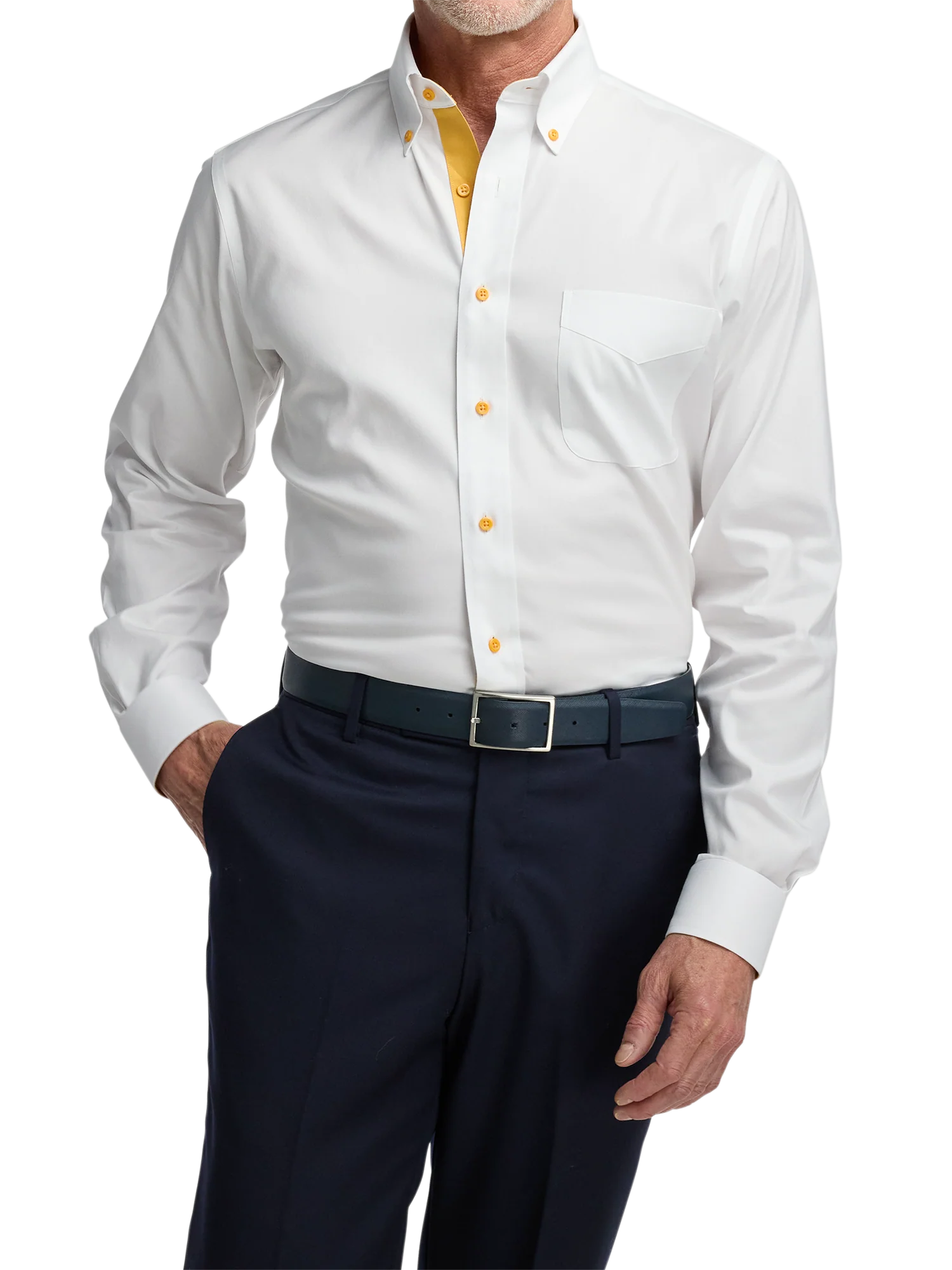Comfort Stretch Non-Iron Solid Dress Shirt With Contrast Trim - White/gold - Image 2
