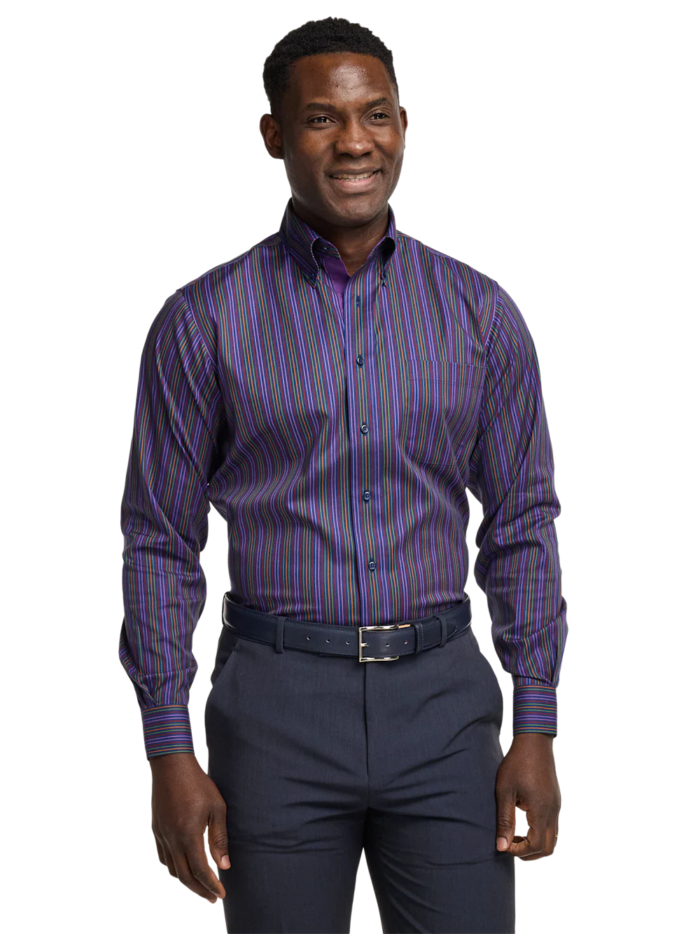 Comfort Stretch Non-Iron Stripe Dress Shirt With Contrast Trim - Multi - Image 2