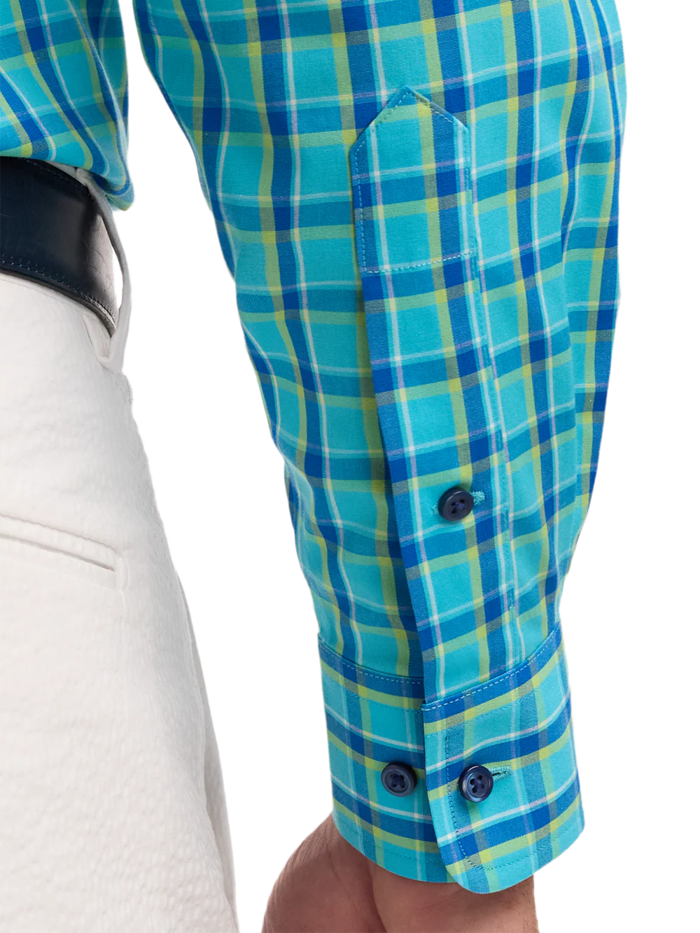 Comfort Stretch Non-Iron Windowpane Dress Shirt With Contrast Trim - Blue/green - Image 4
