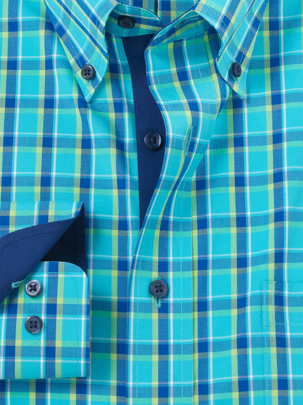 Comfort Stretch Non-Iron Windowpane Dress Shirt With Contrast Trim - Blue/green - Image 6