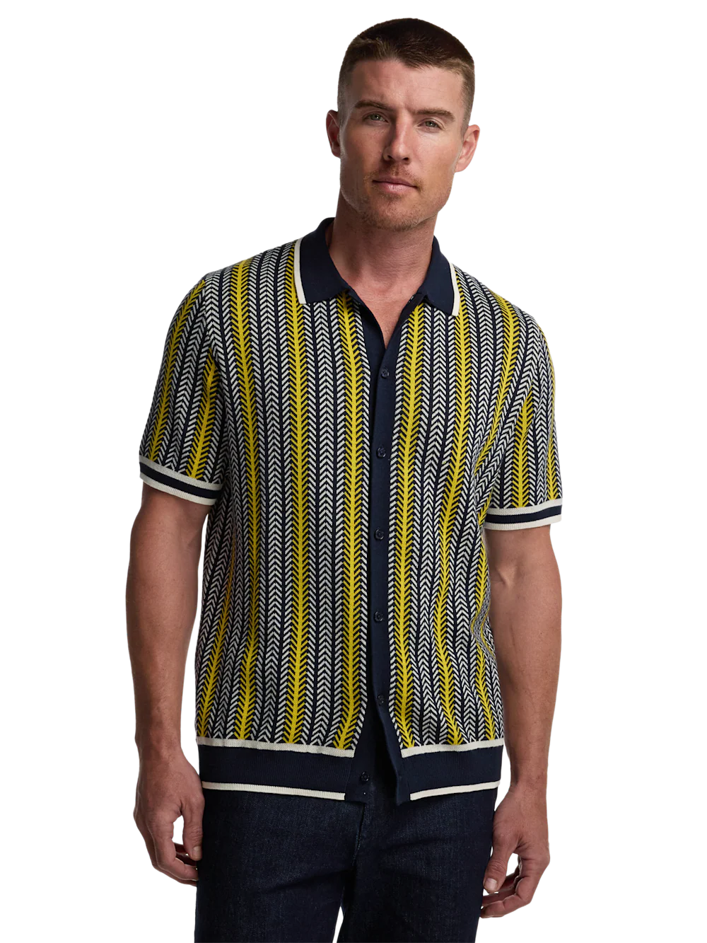 Cotton Button Front Polo - Navy/yellow - Image 2