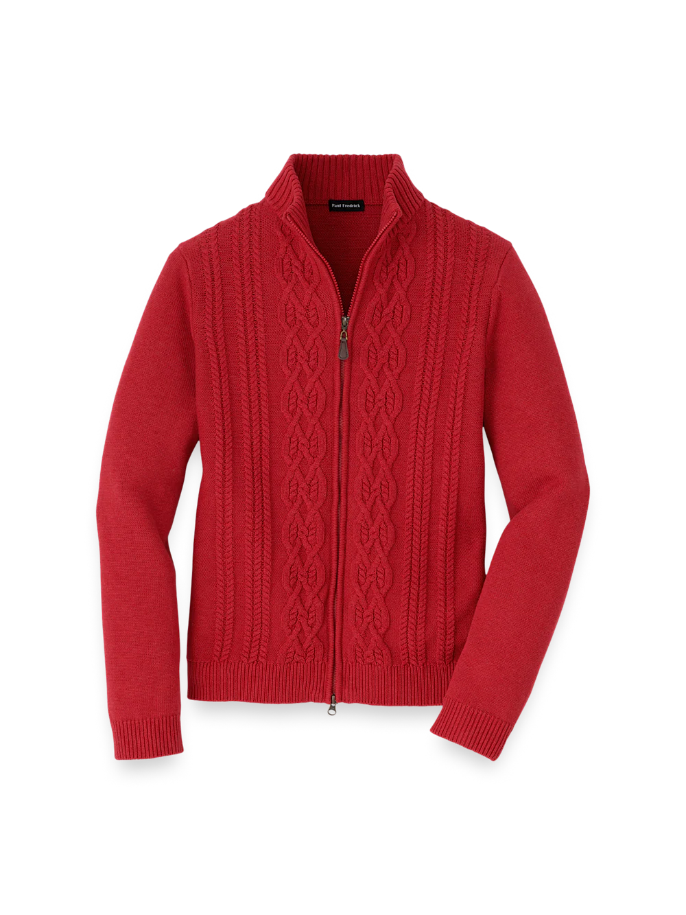Cotton Cable Full Zip Mock Neck Sweater - Red