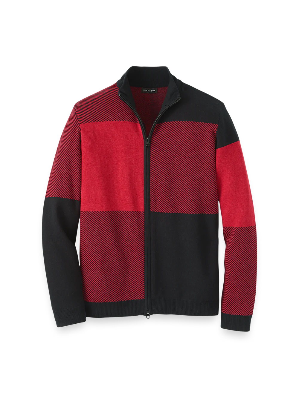 Cotton Full Zip Mock Neck Sweater - Red/black