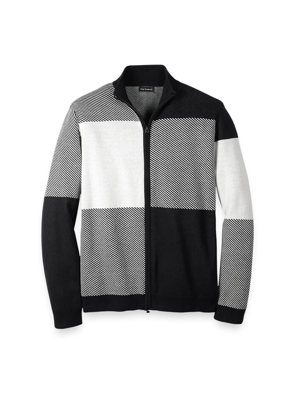 Cotton Full Zip Mock Neck Sweater - Black/white Glen Plaid