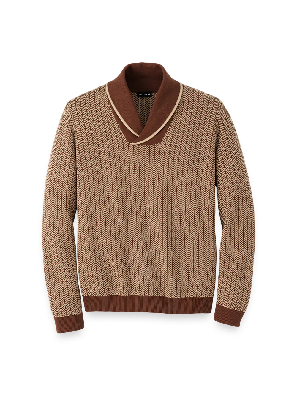 Cotton Shawl Collar Pull Over Sweater - Ivory/brown