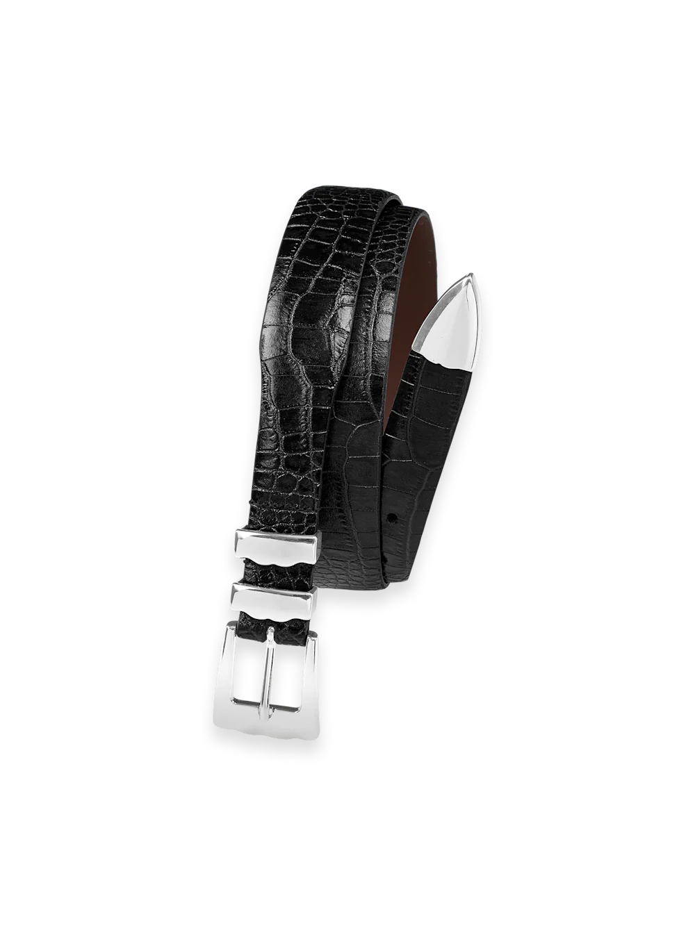 Crocodile Embossed with Metal Keeper & Tip Belt - Black