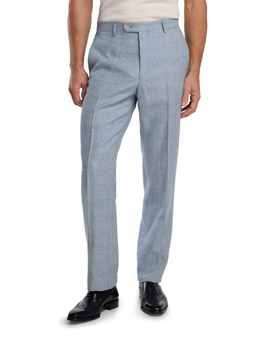 Italian Cotton Blend Plaid Flat Front Suit Pants - Tan/blue Plaid - Image 2