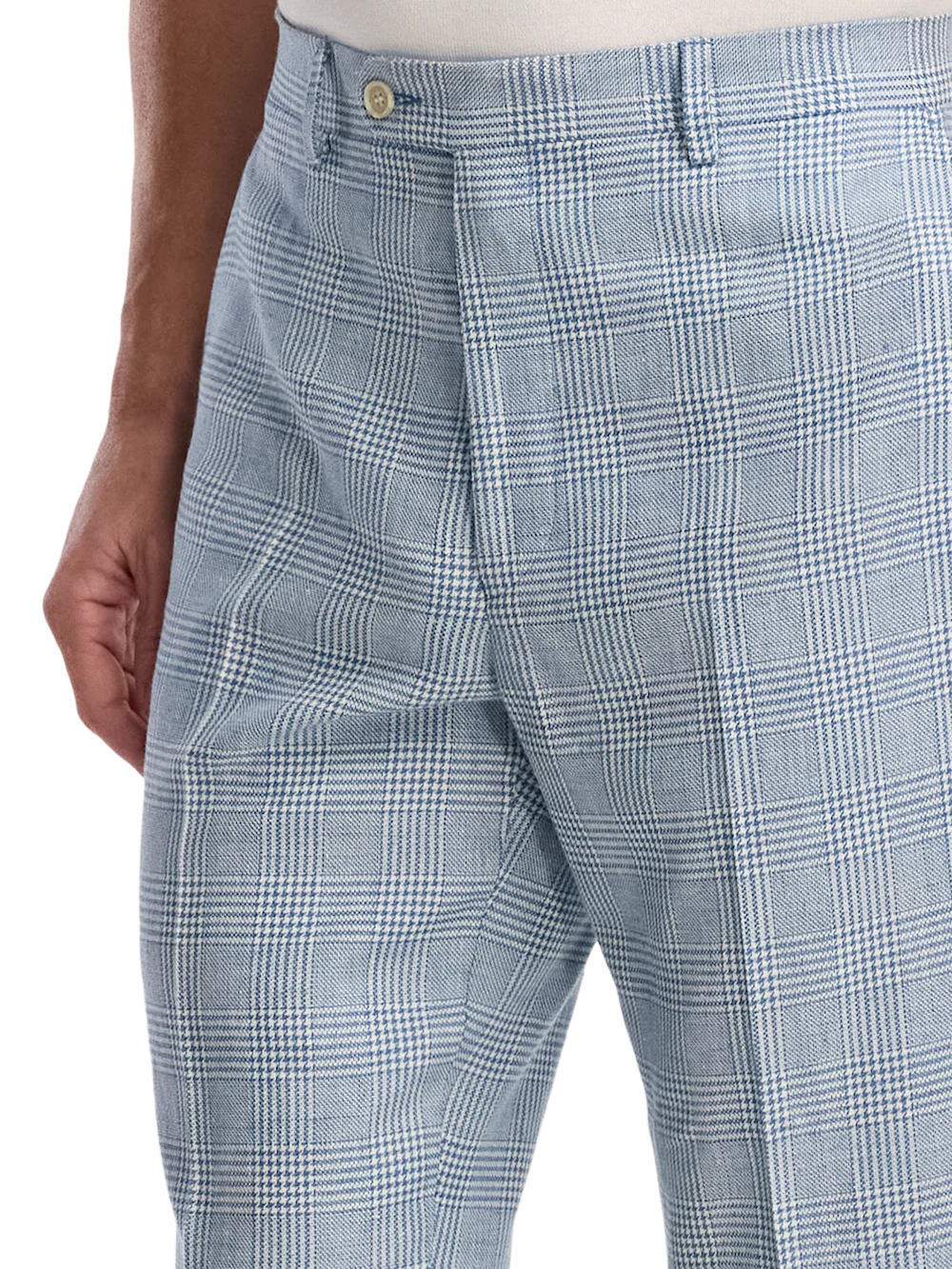 Italian Cotton Blend Plaid Flat Front Suit Pants - Tan/blue Plaid - Image 3