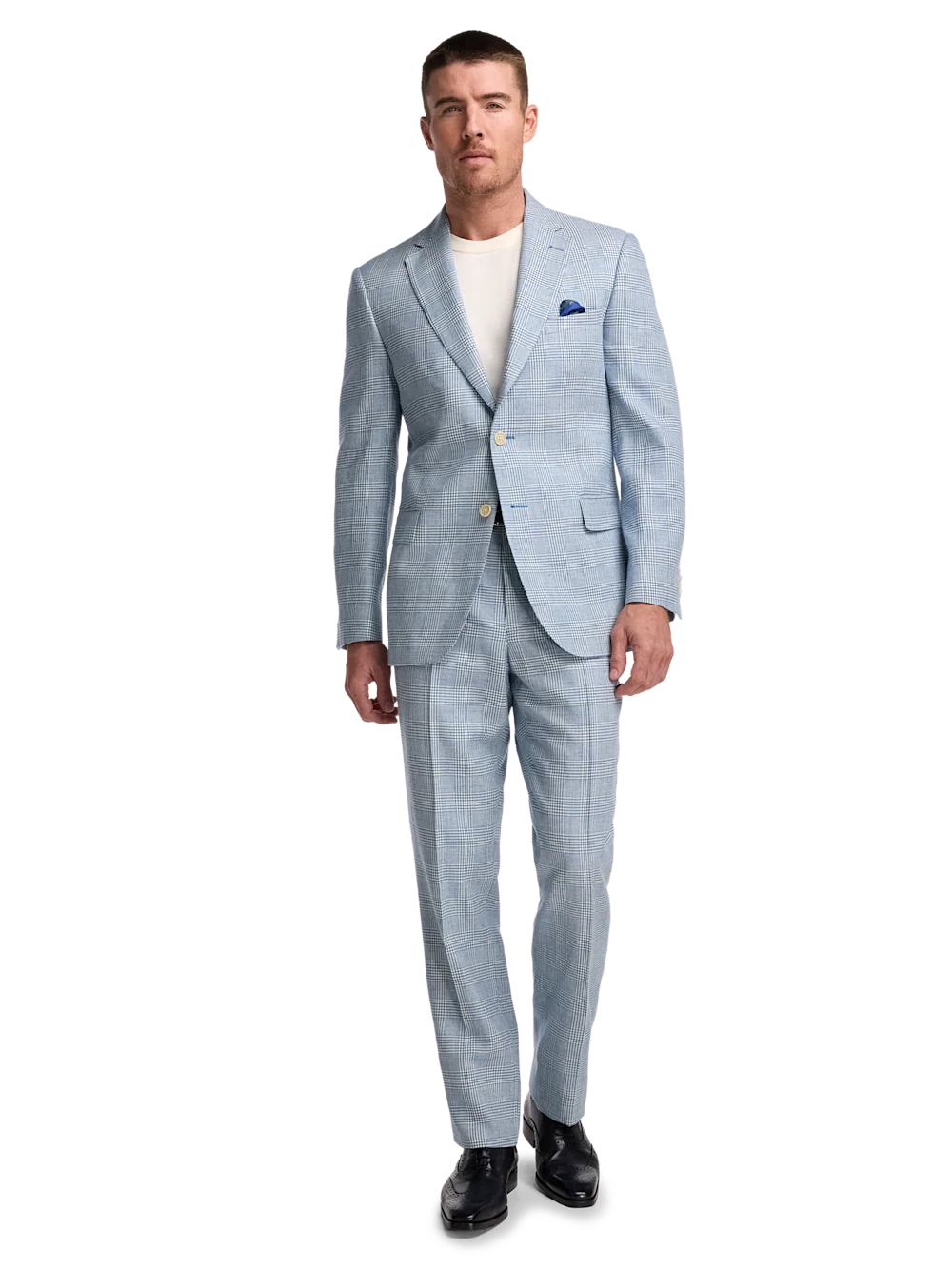 Italian Cotton Blend Single Breasted Notch Lapel Suit - Tan/blue Plaid - Image 2