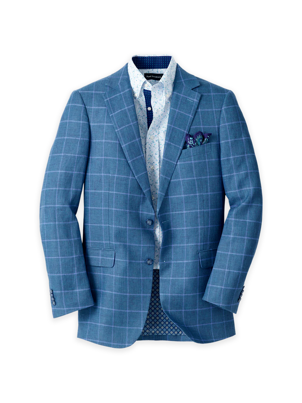 Linen Windowpane Single Breasted Notch Lapel Sport Coat - Blue/aqua