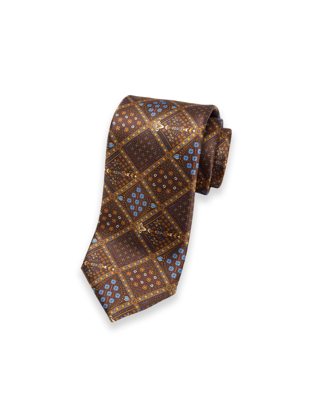 Medallion Printed Italian Silk Tie - Brown/blue