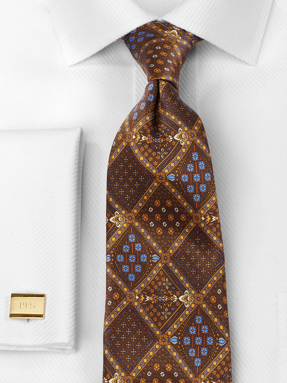 Medallion Printed Italian Silk Tie - Brown/blue - Image 2