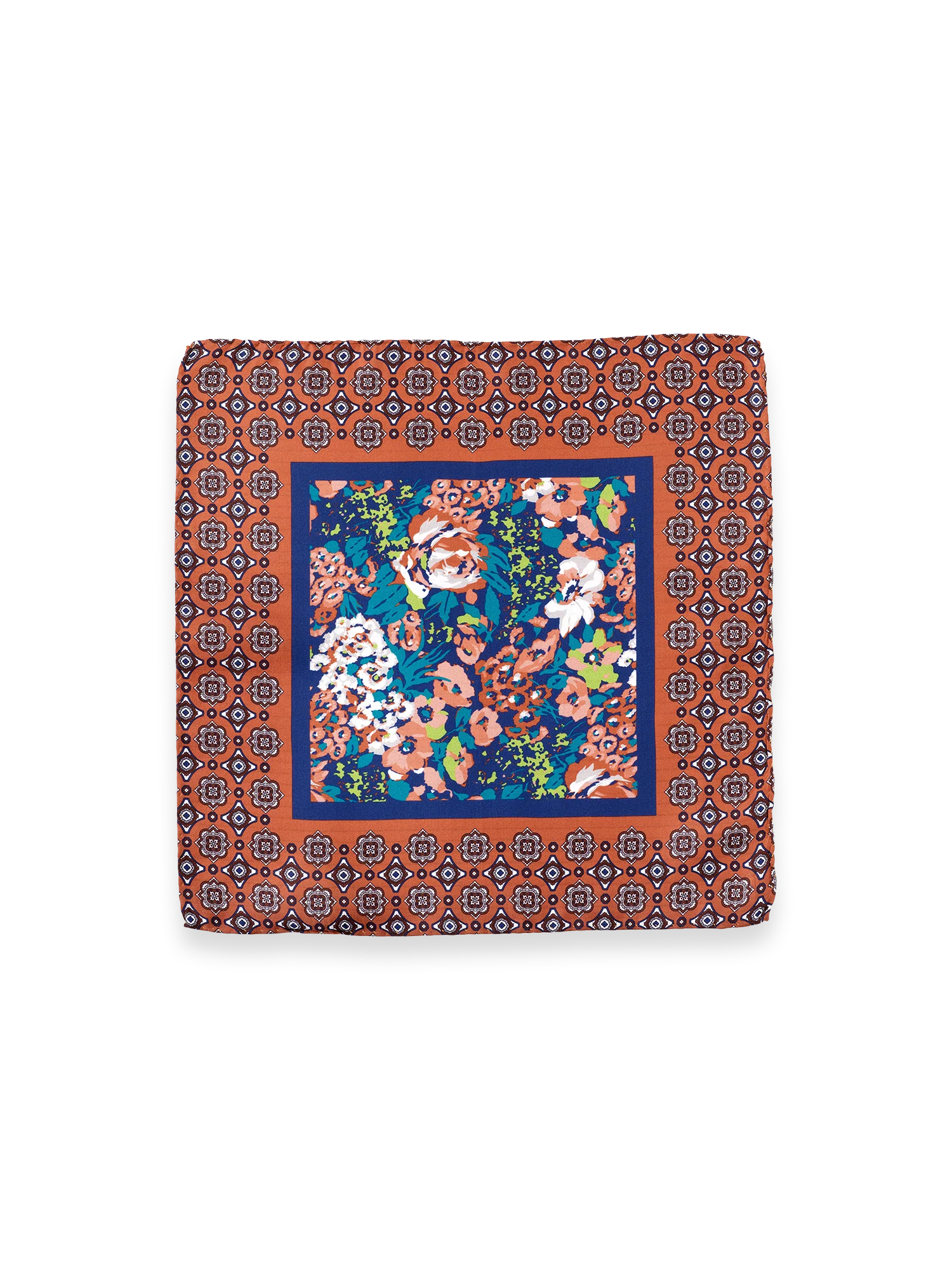 Medallion Silk Pocket Square - Orange/blue - Image 2