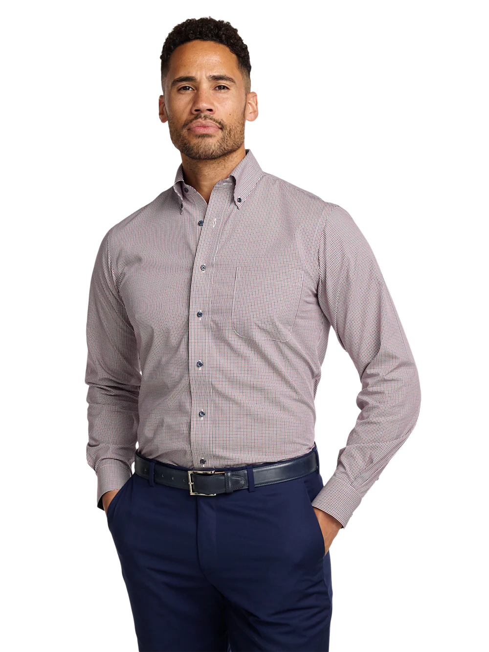 Non-Iron Cotton Check Dress Shirt With Contrast Trim - Red - Image 2