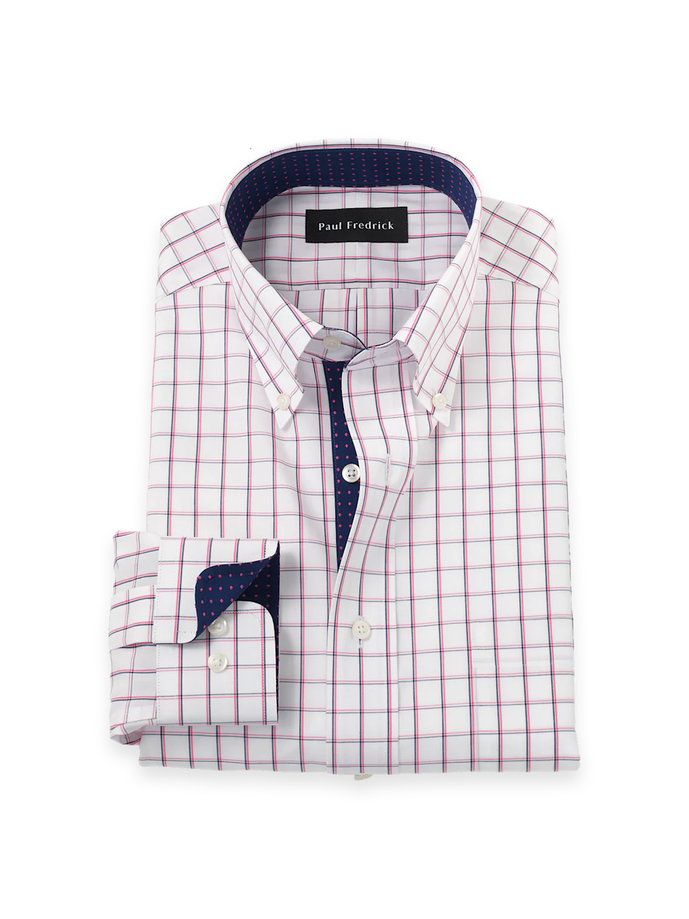 Non-Iron Cotton Check Dress Shirt With Contrast Trim - Navy/pink