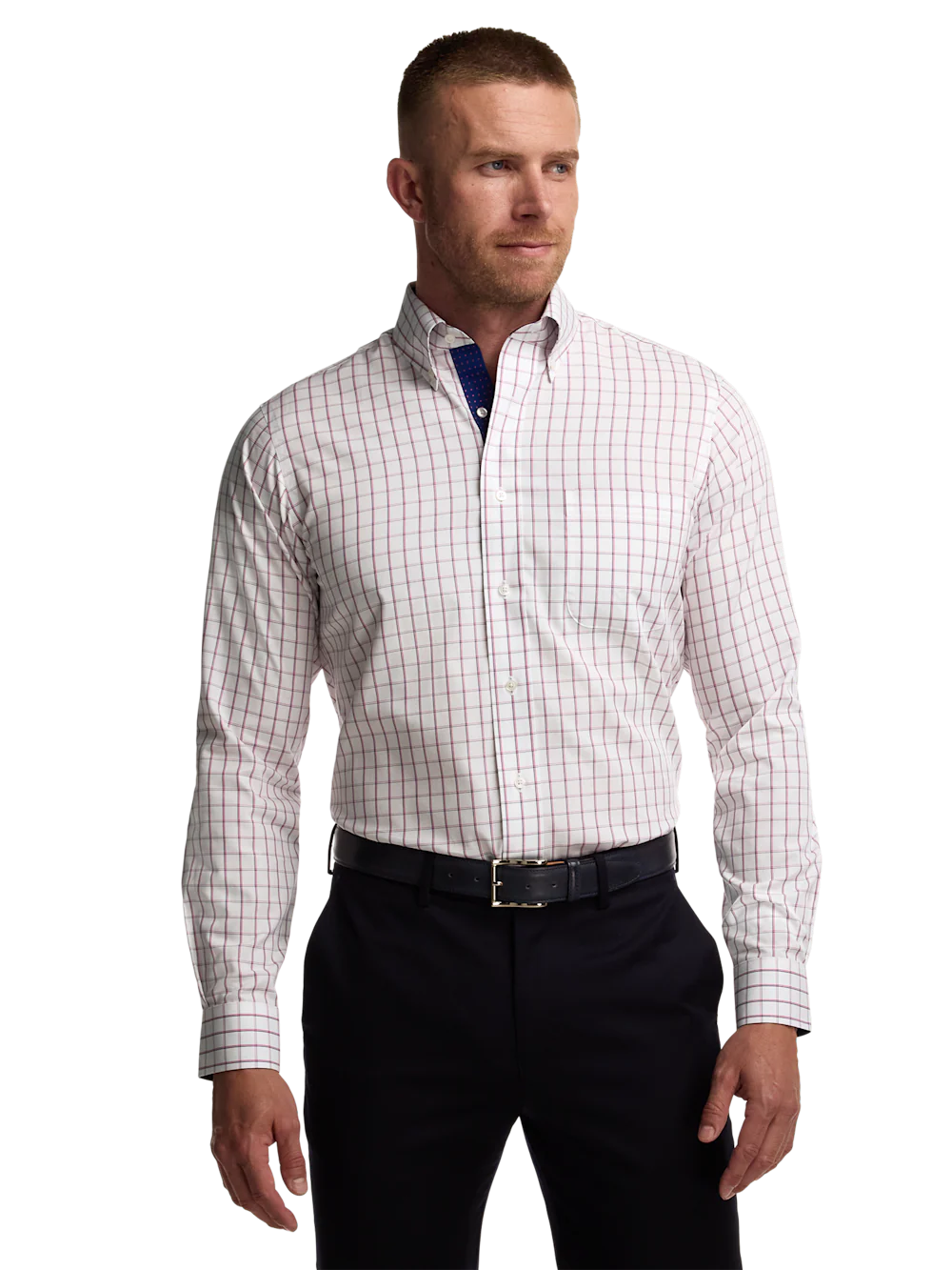Non-Iron Cotton Check Dress Shirt With Contrast Trim - Navy/pink - Image 2