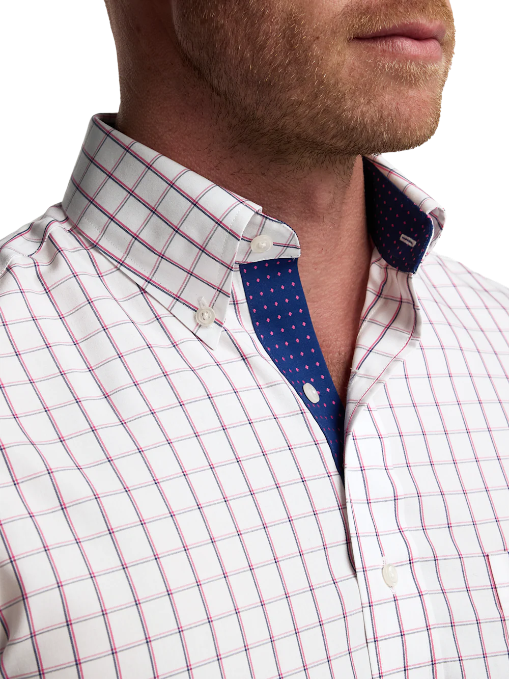 Non-Iron Cotton Check Dress Shirt With Contrast Trim - Navy/pink - Image 3