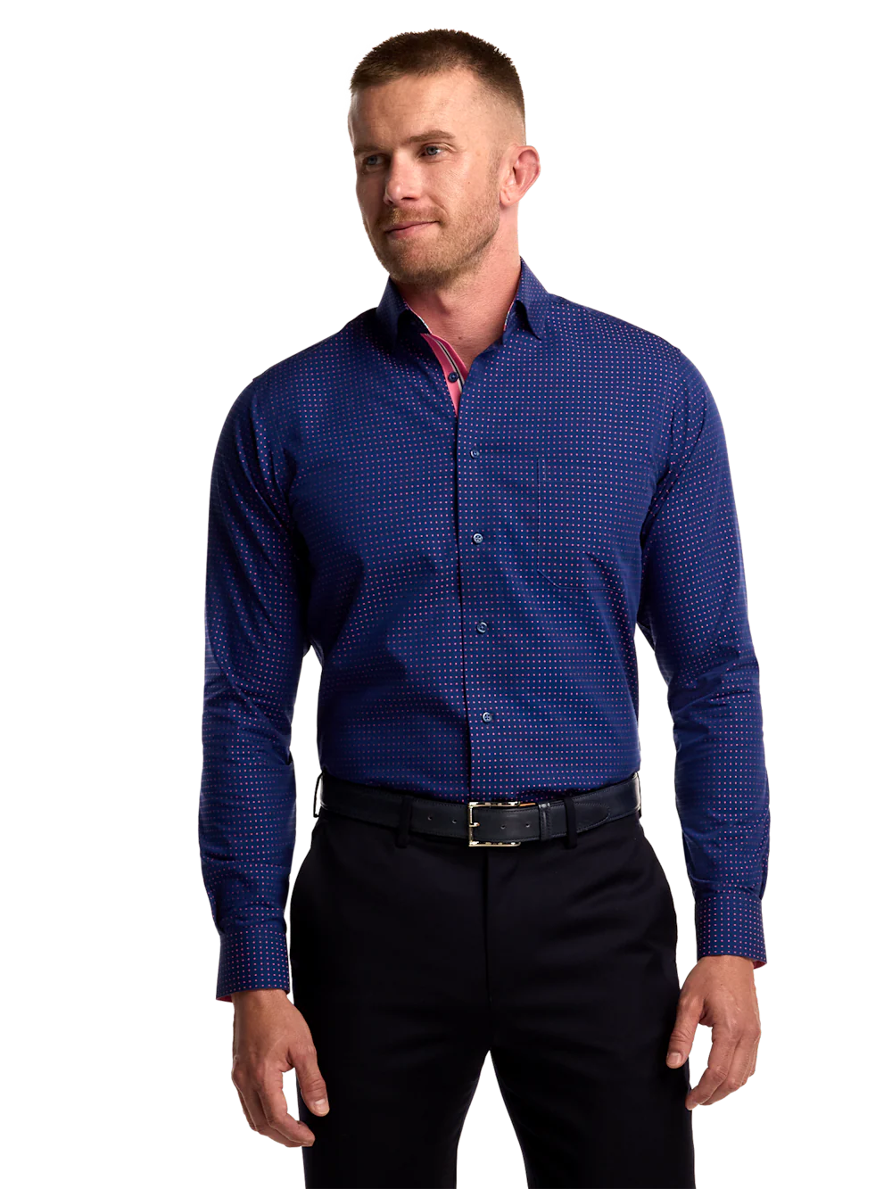 Non-Iron Cotton Dot Dress Shirt With Contrast Trim - Navy/pink - Image 2