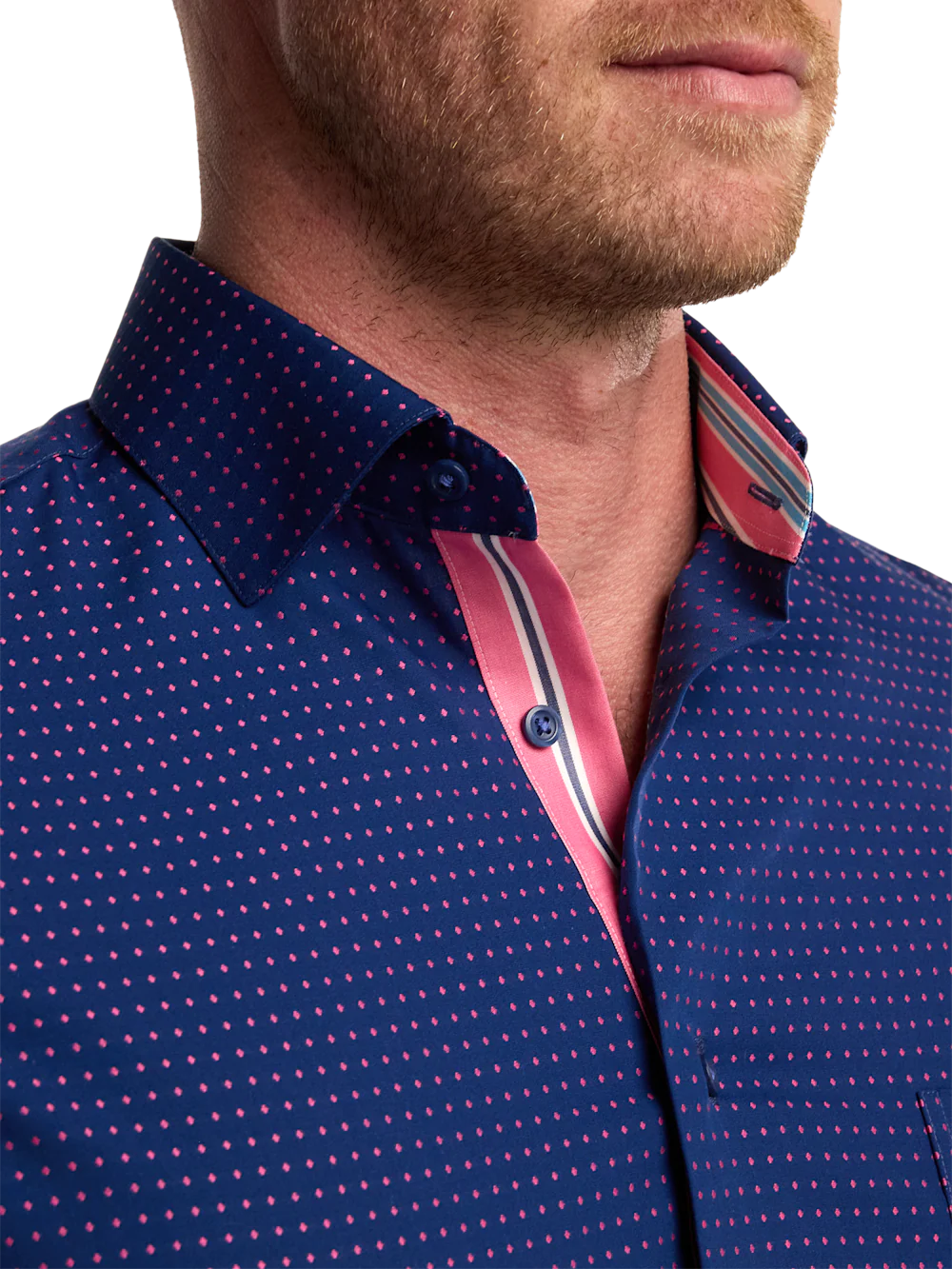 Non-Iron Cotton Dot Dress Shirt With Contrast Trim - Navy/pink - Image 3