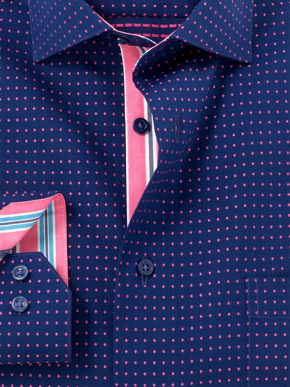 Non-Iron Cotton Dot Dress Shirt With Contrast Trim - Navy/pink - Image 6