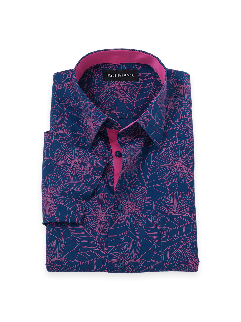 Non-Iron Cotton Floral Dress Shirt With Contrast Trim - Navy/pink