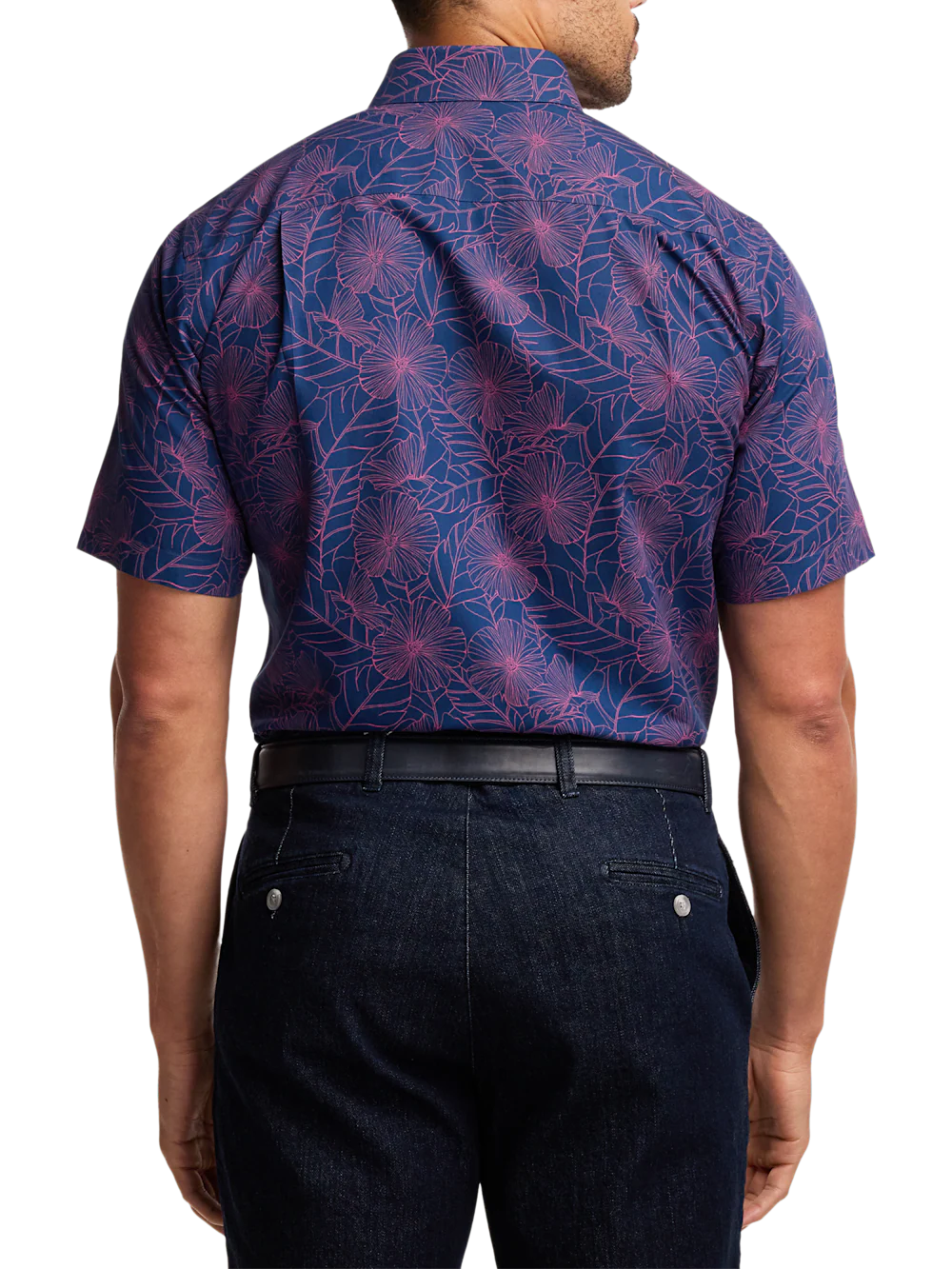 Non-Iron Cotton Floral Dress Shirt With Contrast Trim - Navy/pink - Image 5