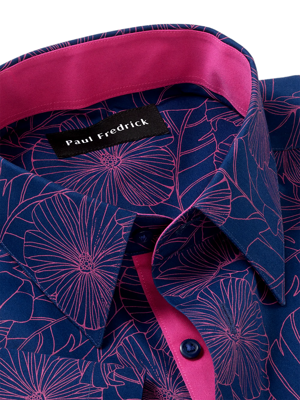 Non-Iron Cotton Floral Dress Shirt With Contrast Trim - Navy/pink - Image 7