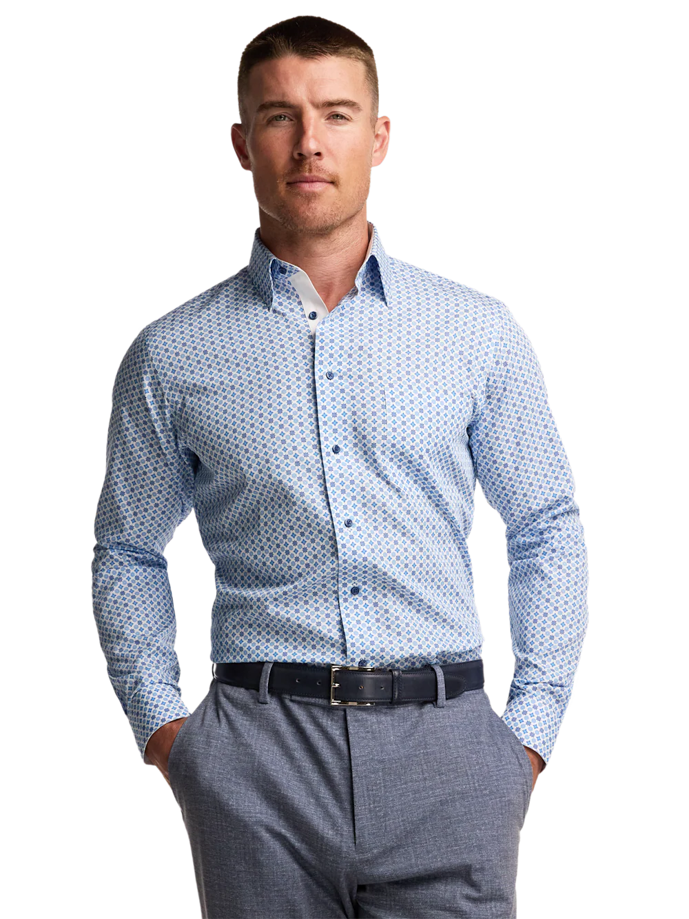 Non-Iron Cotton Geometric Dress Shirt With Contrast Trim - Blue - Image 2