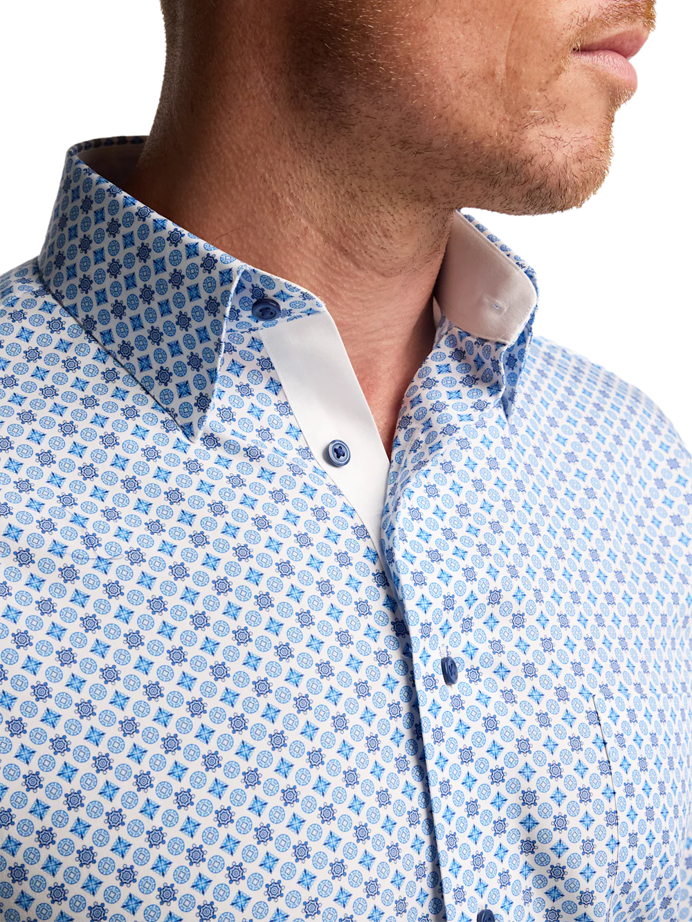 Non-Iron Cotton Geometric Dress Shirt With Contrast Trim - Blue - Image 3