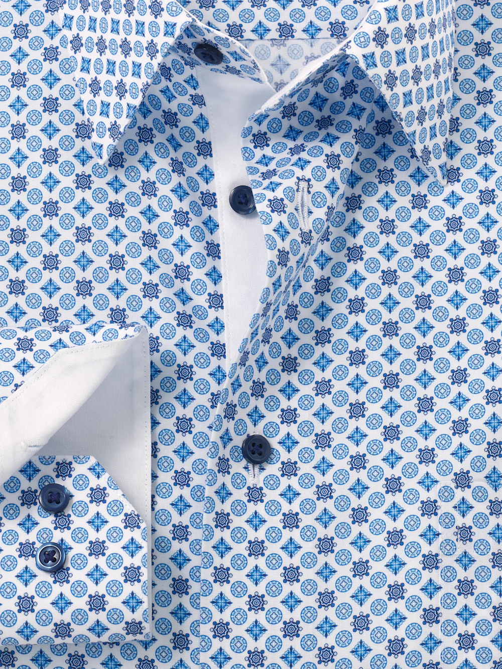 Non-Iron Cotton Geometric Dress Shirt With Contrast Trim - Blue - Image 6