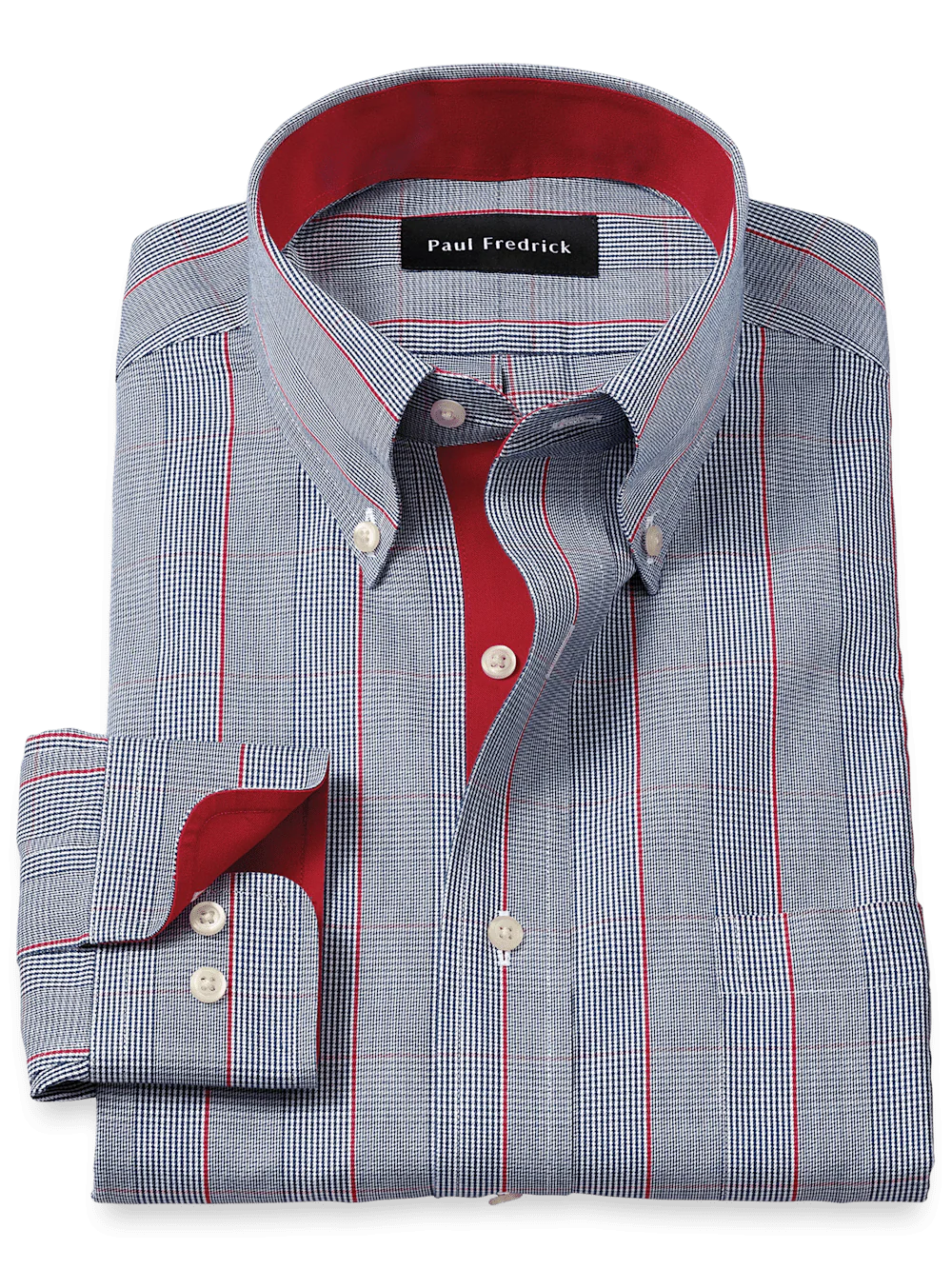 Non-Iron Cotton Glen Plaid Dress Shirt With Contrast Trim - Navy/red