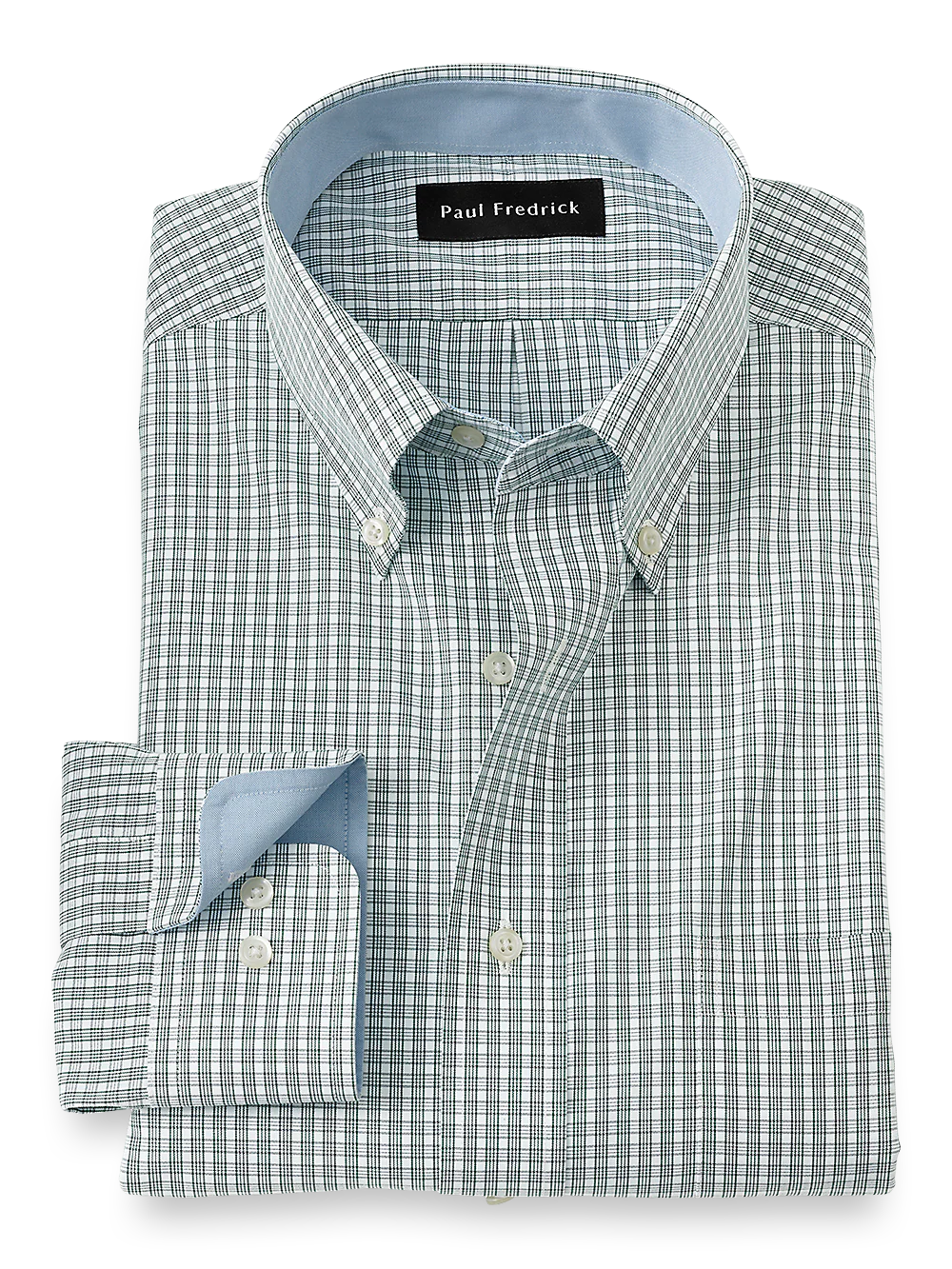Non-Iron Cotton Plaid Dress Shirt With Contrast Trim - Green