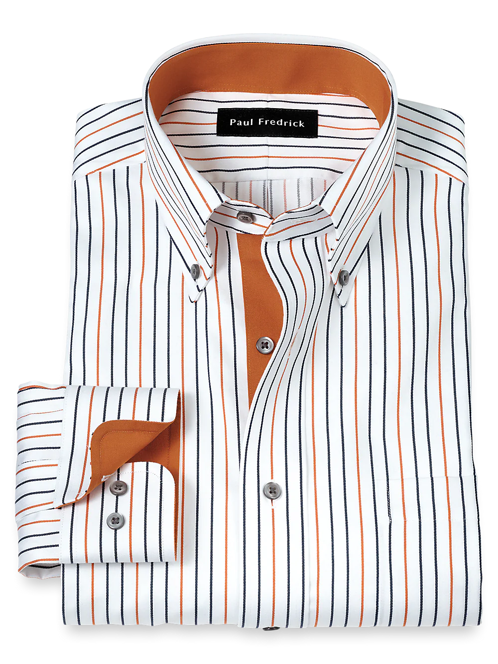 Non-Iron Cotton Stripe Dress Shirt With Contrast Trim - White/rust