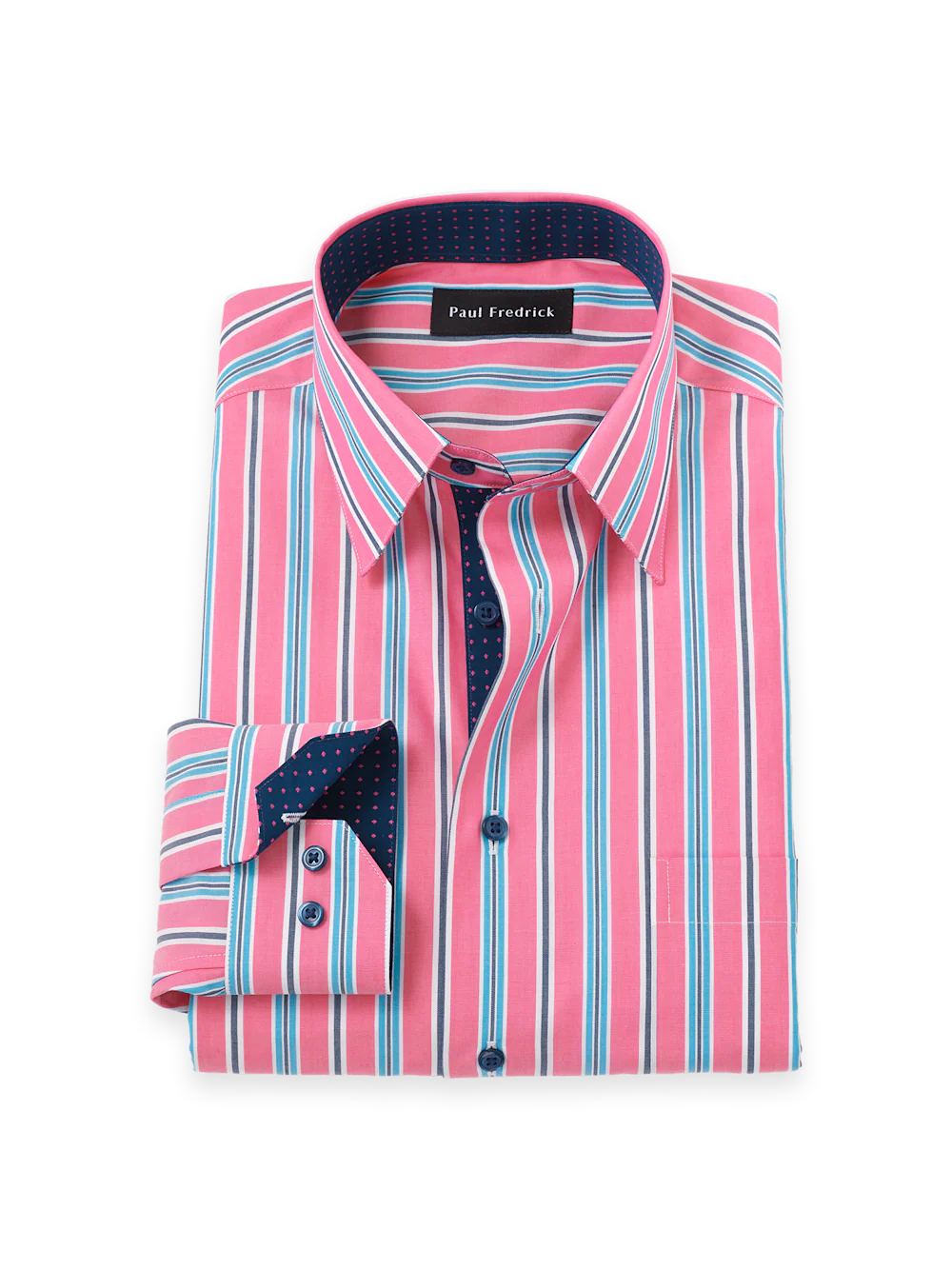 Non-Iron Cotton Stripe Dress Shirt With Contrast Trim - Pink/navy