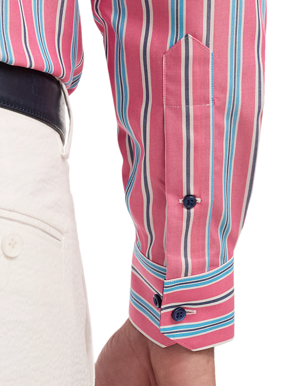 Non-Iron Cotton Stripe Dress Shirt With Contrast Trim - Pink/navy - Image 4