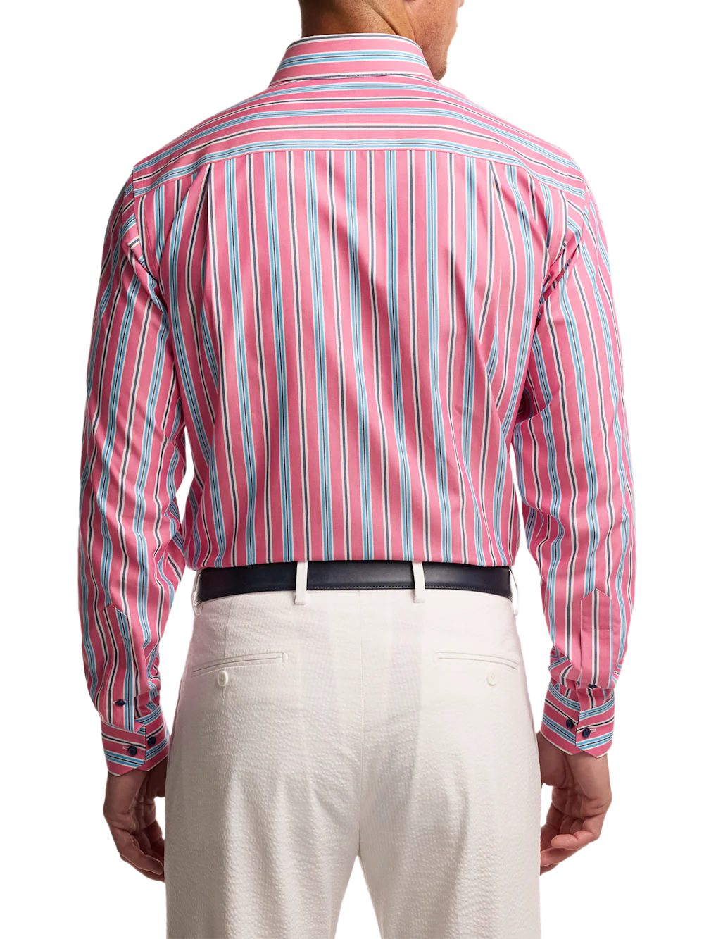 Non-Iron Cotton Stripe Dress Shirt With Contrast Trim - Pink/navy - Image 5