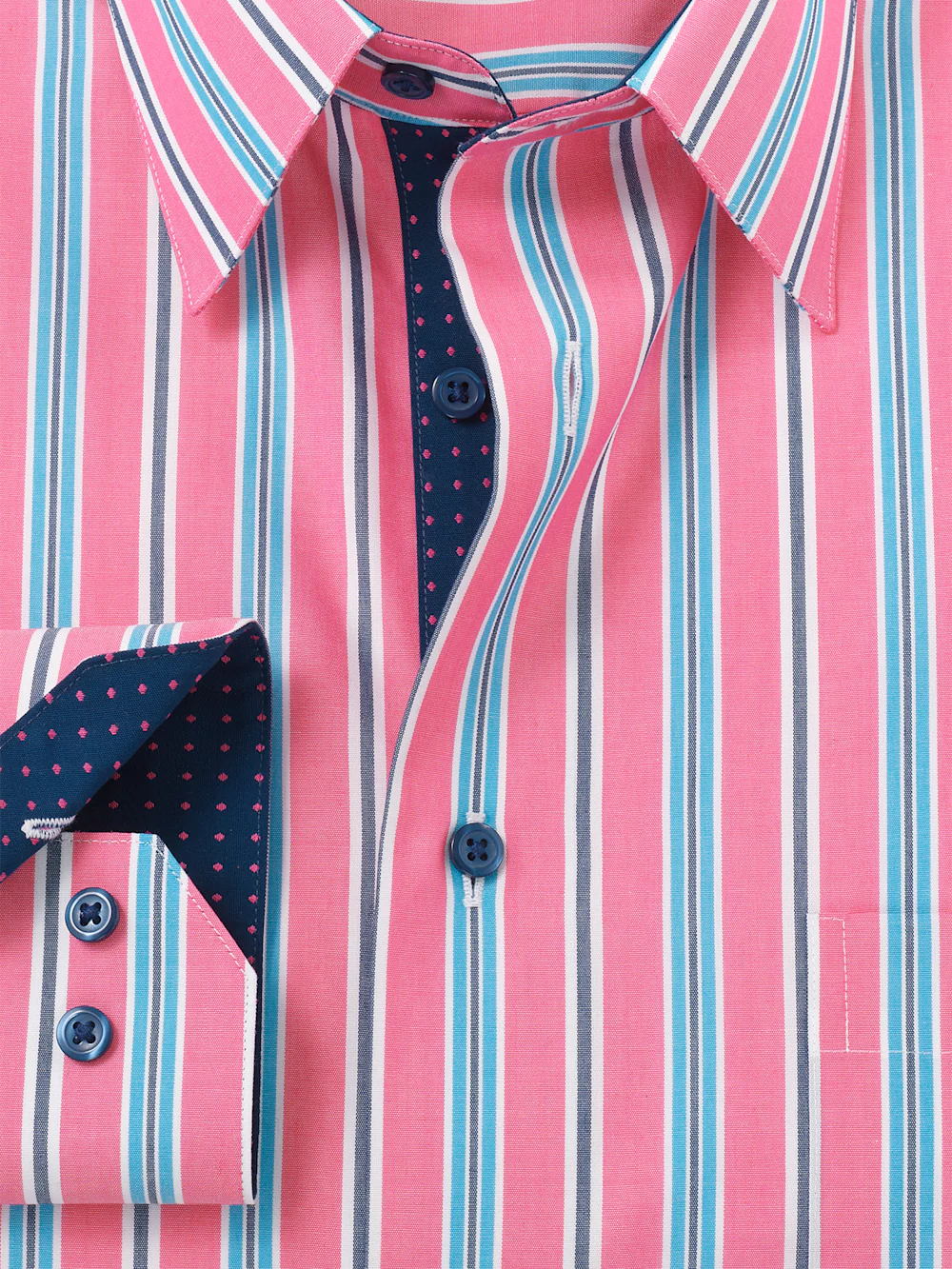 Non-Iron Cotton Stripe Dress Shirt With Contrast Trim - Pink/navy - Image 6