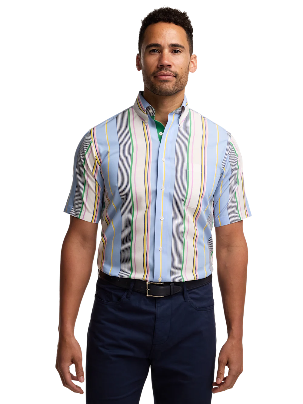 Non-Iron Cotton Stripe Dress Shirt With Contrast Trim - Blue Multi - Image 2
