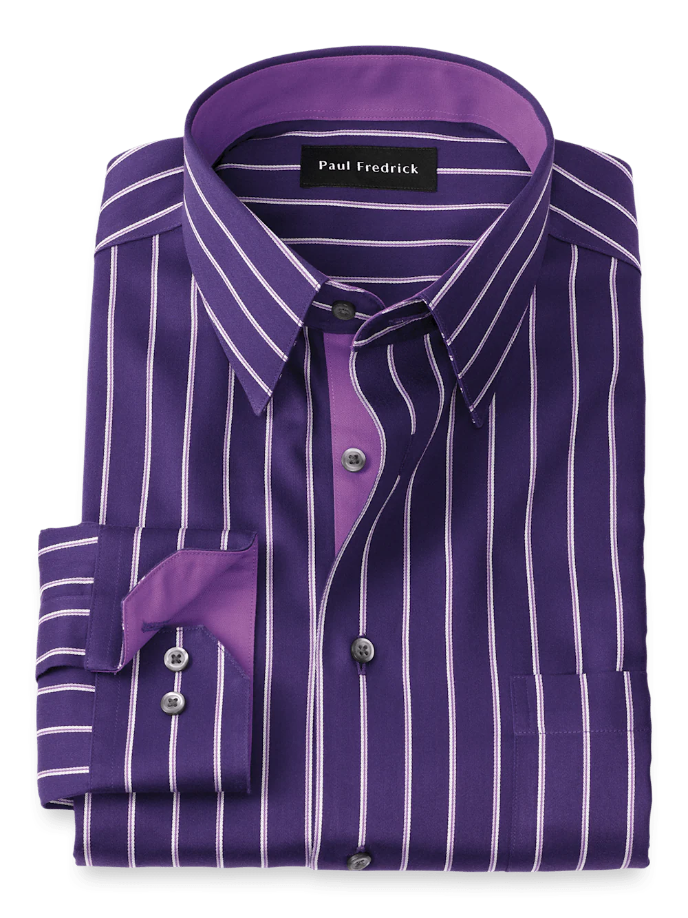 Non-Iron Cotton Stripe Dress Shirt With Contrast Trim - Purple