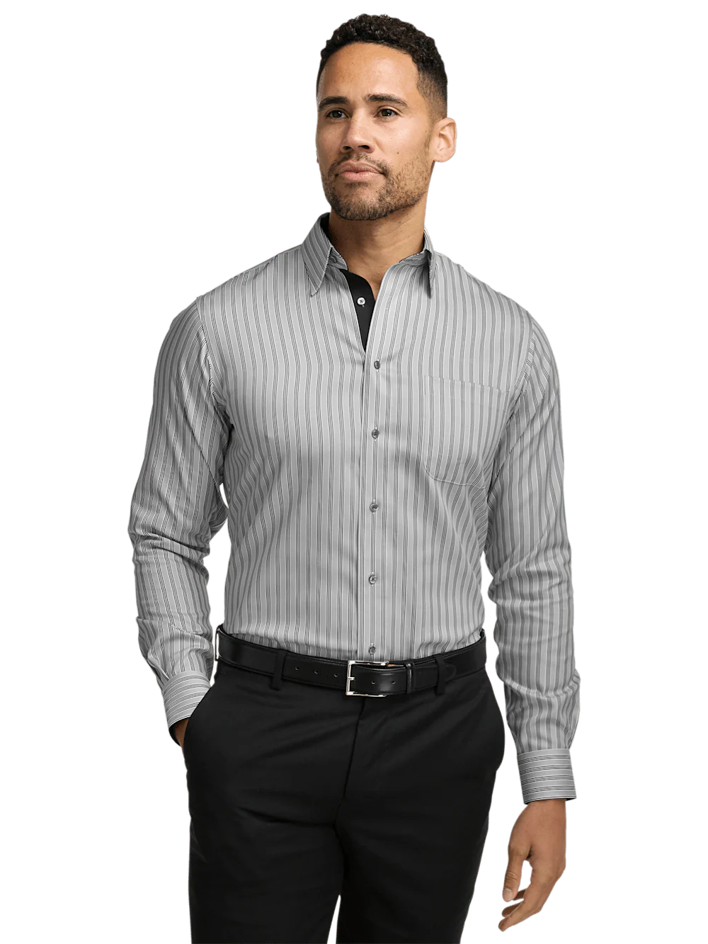 Non-Iron Cotton Stripe Dress Shirt With Contrast Trim - Grey - Image 2