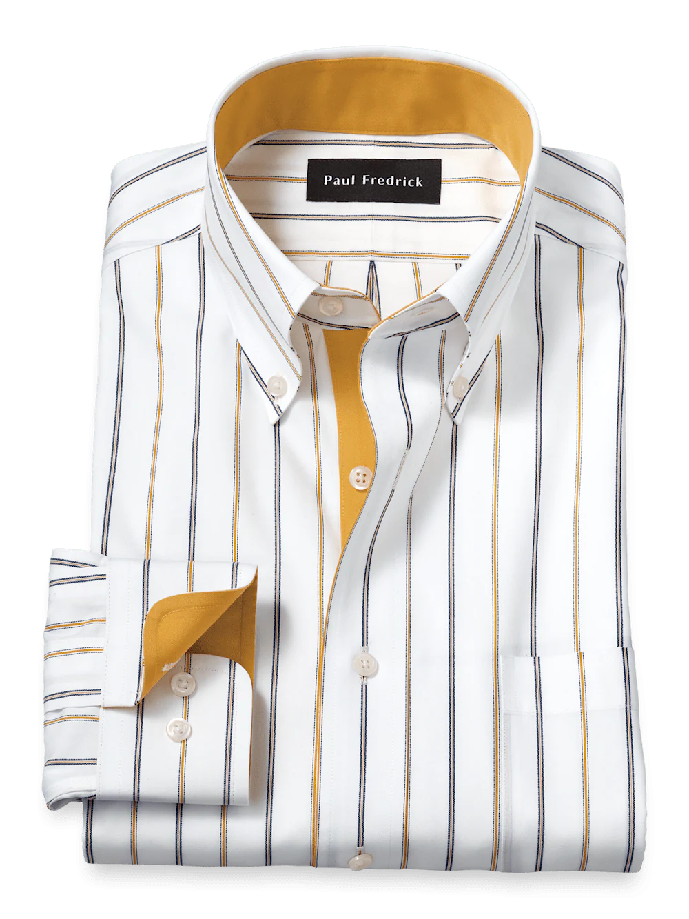 Non-Iron Cotton Stripe Dress Shirt With Contrast Trim - White/brown