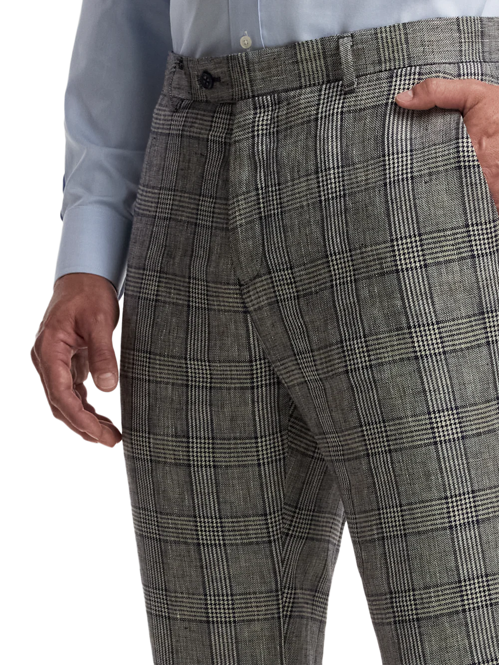 Plaid Linen Flat Front Suit Pants - Tan/blue Plaid - Image 3