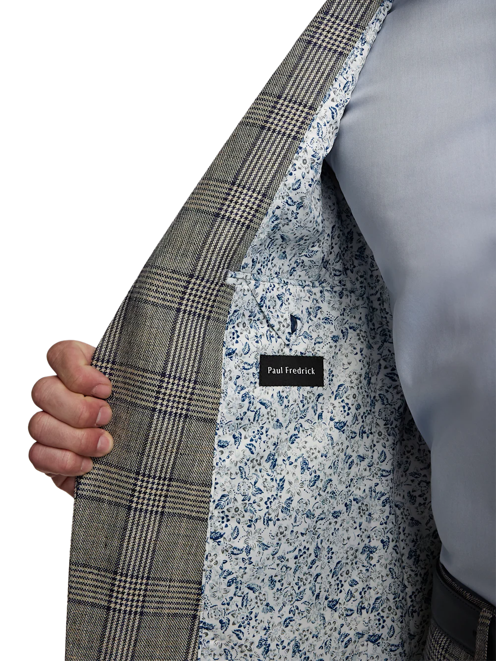 Plaid Linen Single Breasted Notch Lapel Suit - Tan/blue Plaid - Image 4