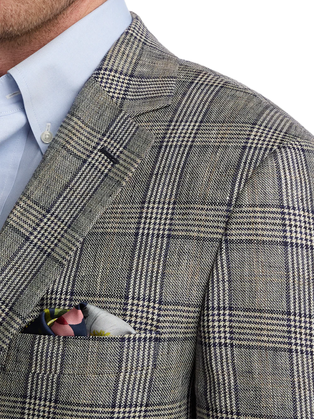 Plaid Linen Single Breasted Notch Lapel Suit Jacket - Tan/blue Plaid - Image 6