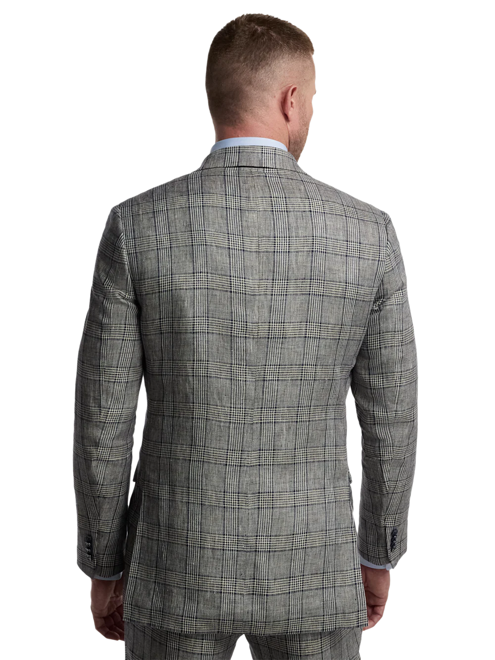 Plaid Linen Single Breasted Notch Lapel Suit Jacket - Tan/blue Plaid - Image 7