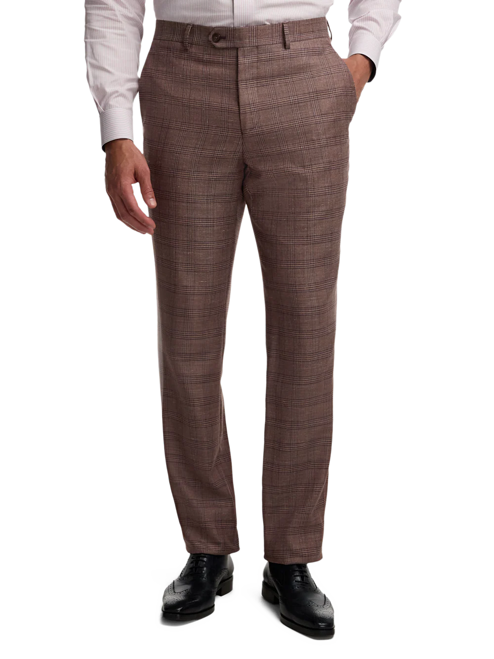Plaid Linen Blend Flat Front Suit Pants - Wine Plaid - Image 2