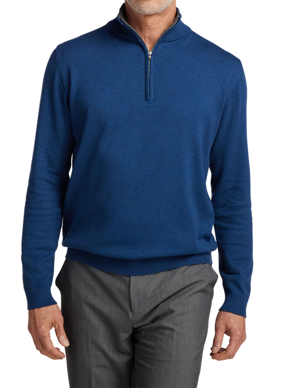Supima Cotton Quarter Zip Mock Neck Sweater - Dark Blue - Image 2