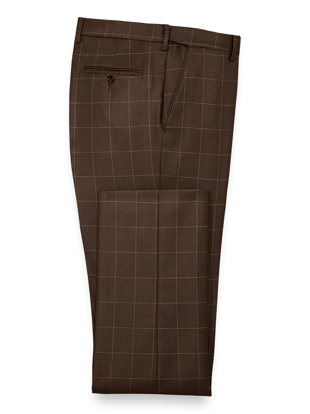 Tailored Fit Essential Wool Flat Front Pants - Brown Windowpane